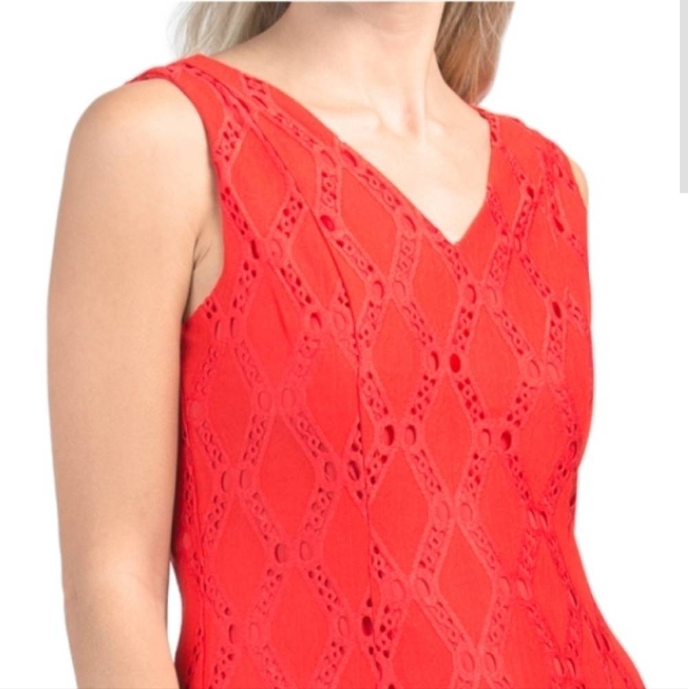 𝅺Tahari Women's Red Lattice Lace Midi Dress - Picture 2 of 9